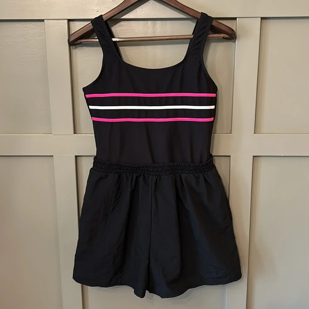 L.L. Bean One Piece Swimsuit Black Retro Modest Shorts Pockets Size 14 Long